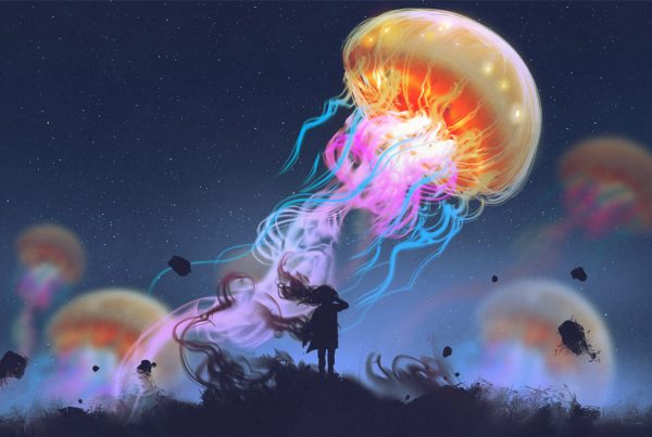 little girl with giant jellyfish in sky storytelling