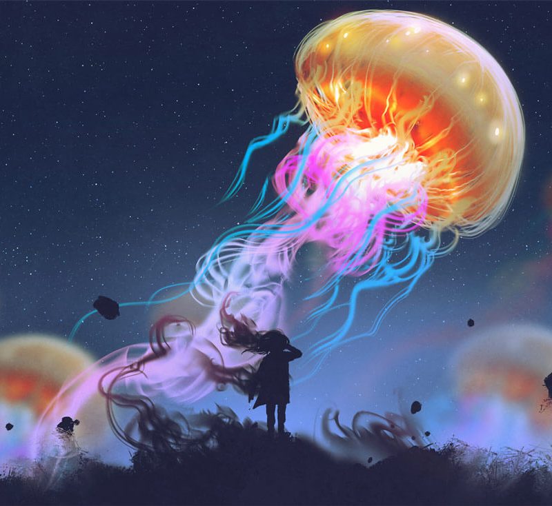 little girl with giant jellyfish in sky storytelling