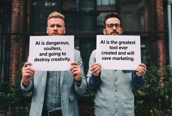 Two men standing side by side each holding a sign about AI