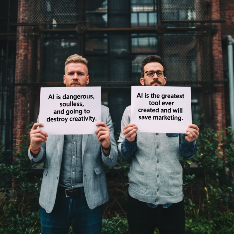 Two men standing side by side each holding a sign about AI
