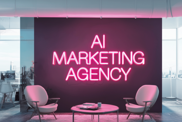Pink neon sign saying AI Marketing Agency, with a coffee table and two chairs.