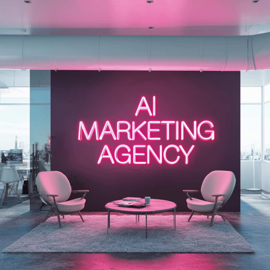 Pink neon sign saying AI Marketing Agency, with a coffee table and two chairs.