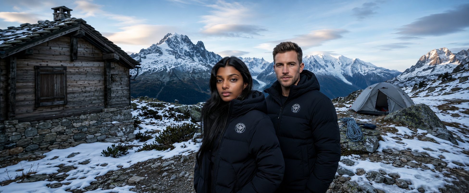 Young couple wearing black puffer jackets in the snow